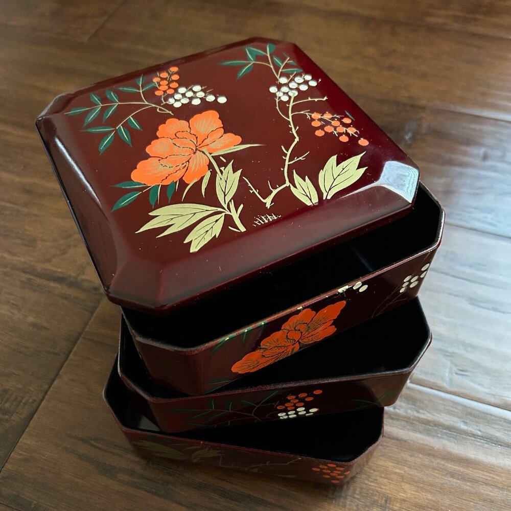 Japanese Jubako laquer candy dish jewelry box bento boxes 3 tier with lid - Picture 2 of 4